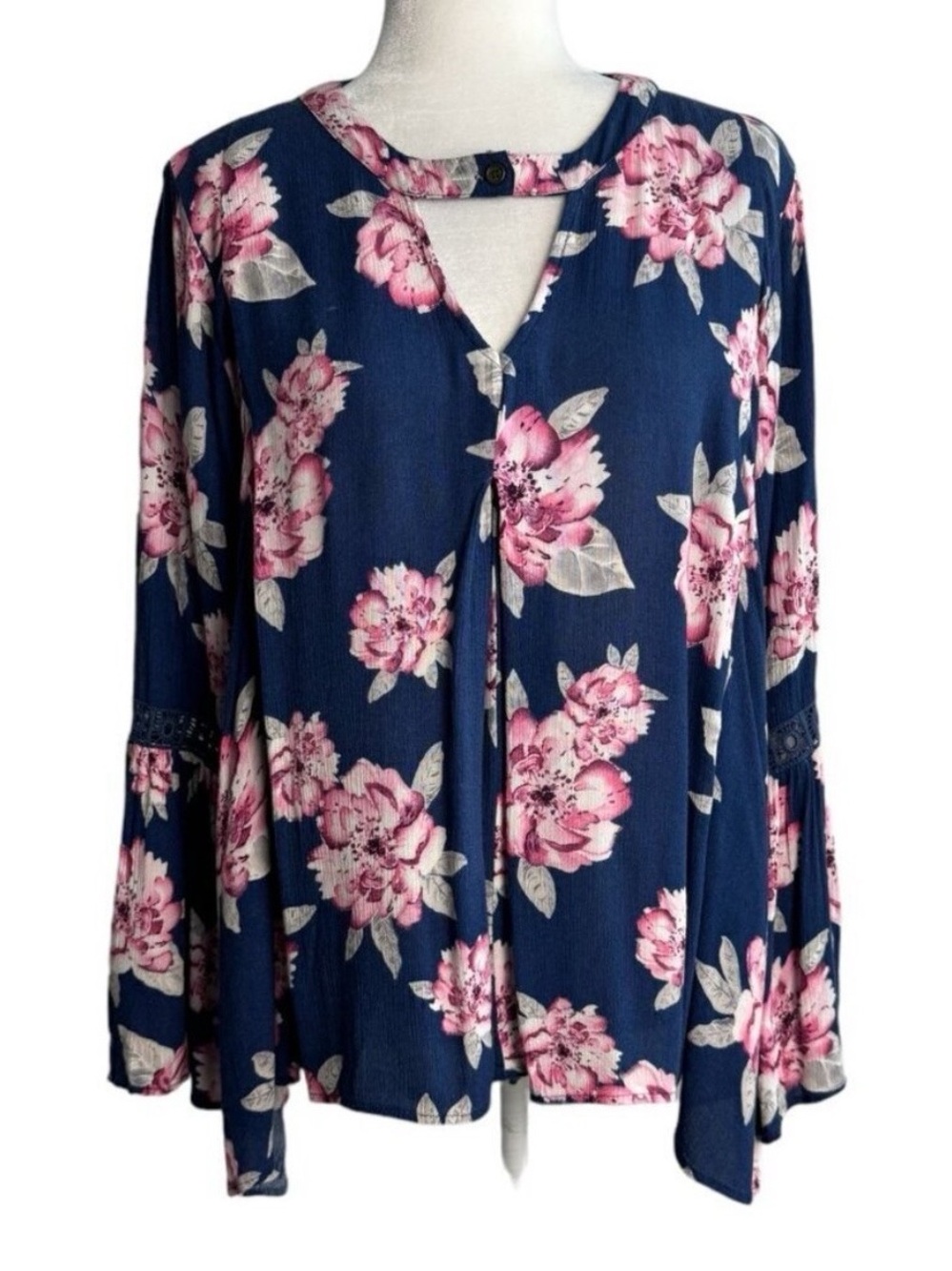 Altar'd State Blue Boho Floral Choker Neck Blouse Bell Sleeves Gypsy Womens Sz M